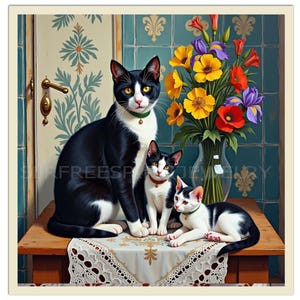 Stampa di gattini in smoking, composizione floreale, stampa con passepartout, creazioni originali AI di Sandra L. Russell