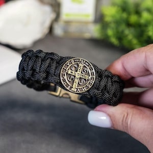 Paracord Bracelet, Saint Benedict Medal, Black Paracord Wristband, Handmade Religious Gift, Catholic Bracelet for Man or Woman