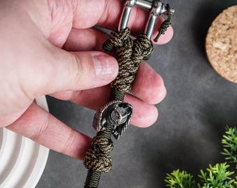Paracord Keychain, Tactical Key Fob, Mens Lanyard with Owl Bead, Handmade Accessory, Warrior Totem, Owl Symbol Gift, Unique Shackle Keychain