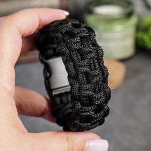 Paracord Bracelet, Black Rope Wristband, Handmade Survival Jewelry, Tactical Mens Accessory, Wide Braided Paracord Weave, Adjustable Gift