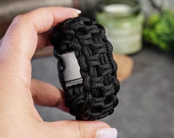 Paracord Bracelet, Black Rope Wristband, Handmade Survival Jewelry, Tactical Mens Accessory, Wide Braided Paracord Weave, Adjustable Gift