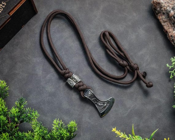 Viking Necklace with Rune Beads, Norse Jewelry Axe Pendant, Paracord Talisman Necklace, Adjustable Rope Jewelry, Pagan Symbol Gift