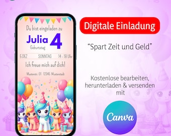 Digitale Einladung Kindergeburtstag, personalisierbare E-Card WhatsApp Einladung, Geburtstagseinladung Handy, Vorlage Canva