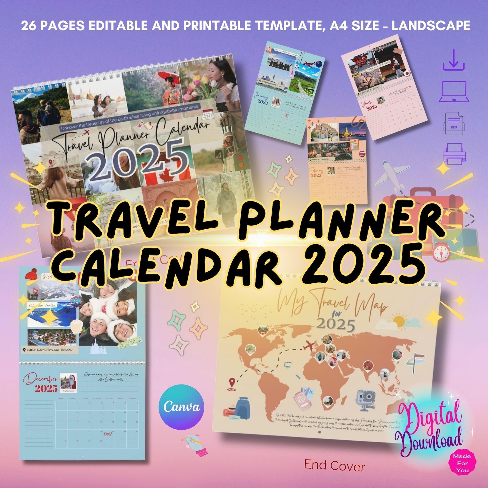 Personalize, 2025 Calendar Printable, Travel Planner 2025, Wall ...