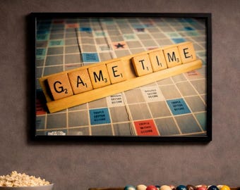 Tablero de juego de Scrabble Game Time, fotografía artística impresa, sala de juegos