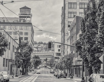 Portland City Street Black and White Metallic Print Photograph by Photographer Janna Coumoundouros Lilacpop Studio