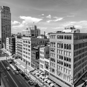 Woodward Avenue Detroit Skyline Street View Black and White Fine Art Photograph Print by Photographer Janna Coumoundouros Lilacpop Studio image 1