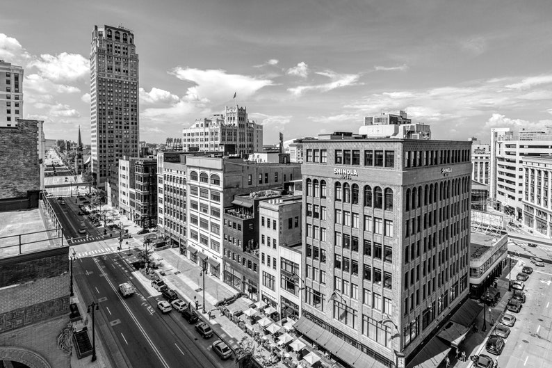 Woodward Avenue Detroit Skyline Street View Black and White Fine Art Photograph Print by Photographer Janna Coumoundouros Lilacpop Studio image 1