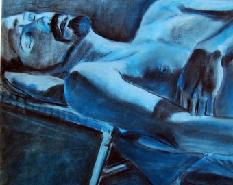 Charcoal Blue Pastel Drawing Giclee Fine Art Print