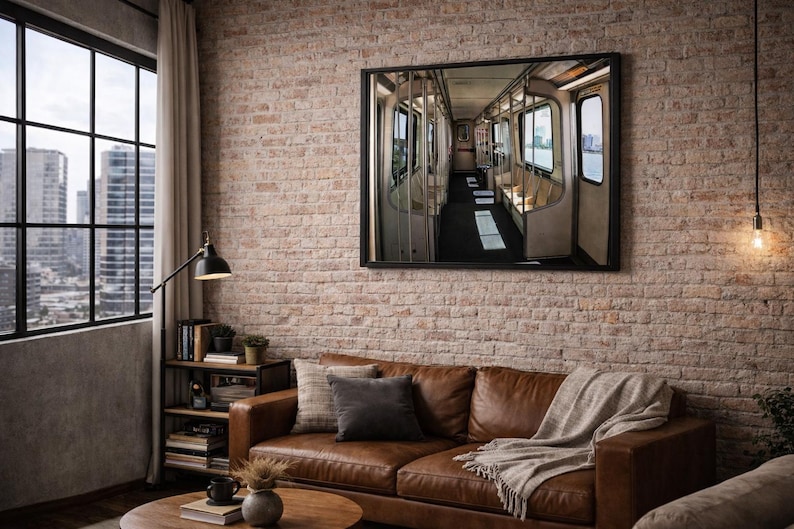 a cozy living room with a large window overlooking a city skyline, a brick wall, and a brown leather couch. A framed image of a subway car is hanging on the wall, adding a unique touch to the room's decor.