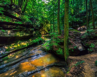 Hocking Hills Ohio Cliff and Shallow River Landscape Photograph