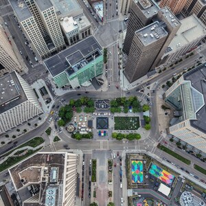 Detroit aerial drone color photography city cities downtown comerica park, fox theatre, ford field, fillmore, theatre district