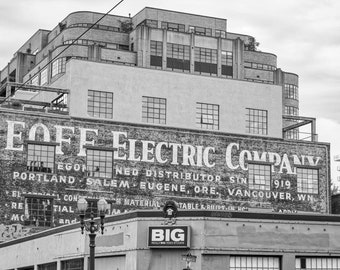 Portland EOFF Electric Company City Street Black and White Metallic Print Photograph by Photographer Janna Coumoundouros Lilacpop Studio