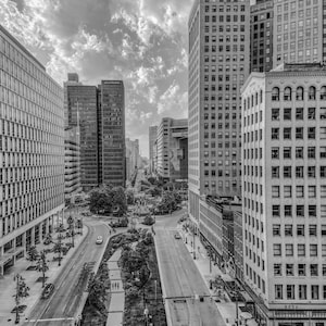 Detroit aerial drone black and white photography city cities downtown comerica park, fox theatre, ford field, fillmore, campus martius, woodward avenue