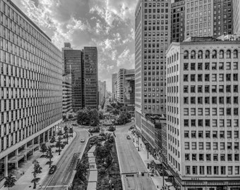 Detroit Aerial View Campus Martius Black and White Photography