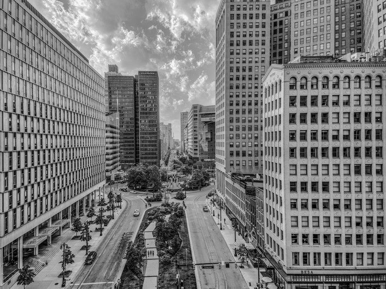 Detroit aerial drone black and white photography city cities downtown comerica park, fox theatre, ford field, fillmore, campus martius, woodward avenue