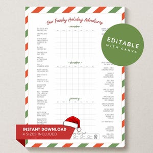 May include: A printable holiday adventure calendar with a red and green striped border. The calendar includes prompts for November, December, and January activities, with a Santa hat graphic and the text "Instant Download".