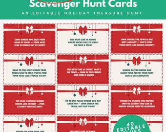 May include: A festive Christmas scavenger hunt card set with red and white designs. The cards feature clues and decorative bows, with the text "Editable Christmas Scavenger Hunt Cards" at the top. Includes 40 editable clues.