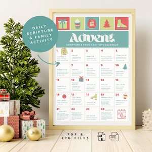 Può includere: Calendario dell'Avvento incorniciato con un design turchese e bianco. Il calendario presenta attività quotidiane di Scrittura e familiari, con caselle numerate e icone festive. Le parole "Advent" e "Daily Scripture & Family Activity" sono visibili.