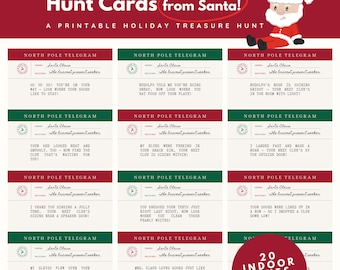 May include: Printable Christmas Scavenger Hunt Cards from Santa. The cards have a red and green border with text that reads "North Pole Telegram". Each card contains a clue from Santa. The image also includes a cartoon Santa Claus.