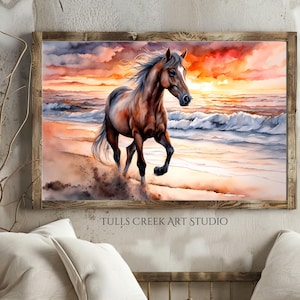 Wild Horse at Sunrise | Outer Banks Art, Beach Painting, watercolor painting, Coastal Beach sunrise, Horse Painting, digital download