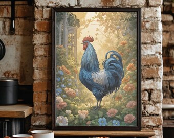 Rooster and Morning Glory Artwork, Farmhouse Country Fine Art Print, Rustic Barnyard Decor, Springtime.
