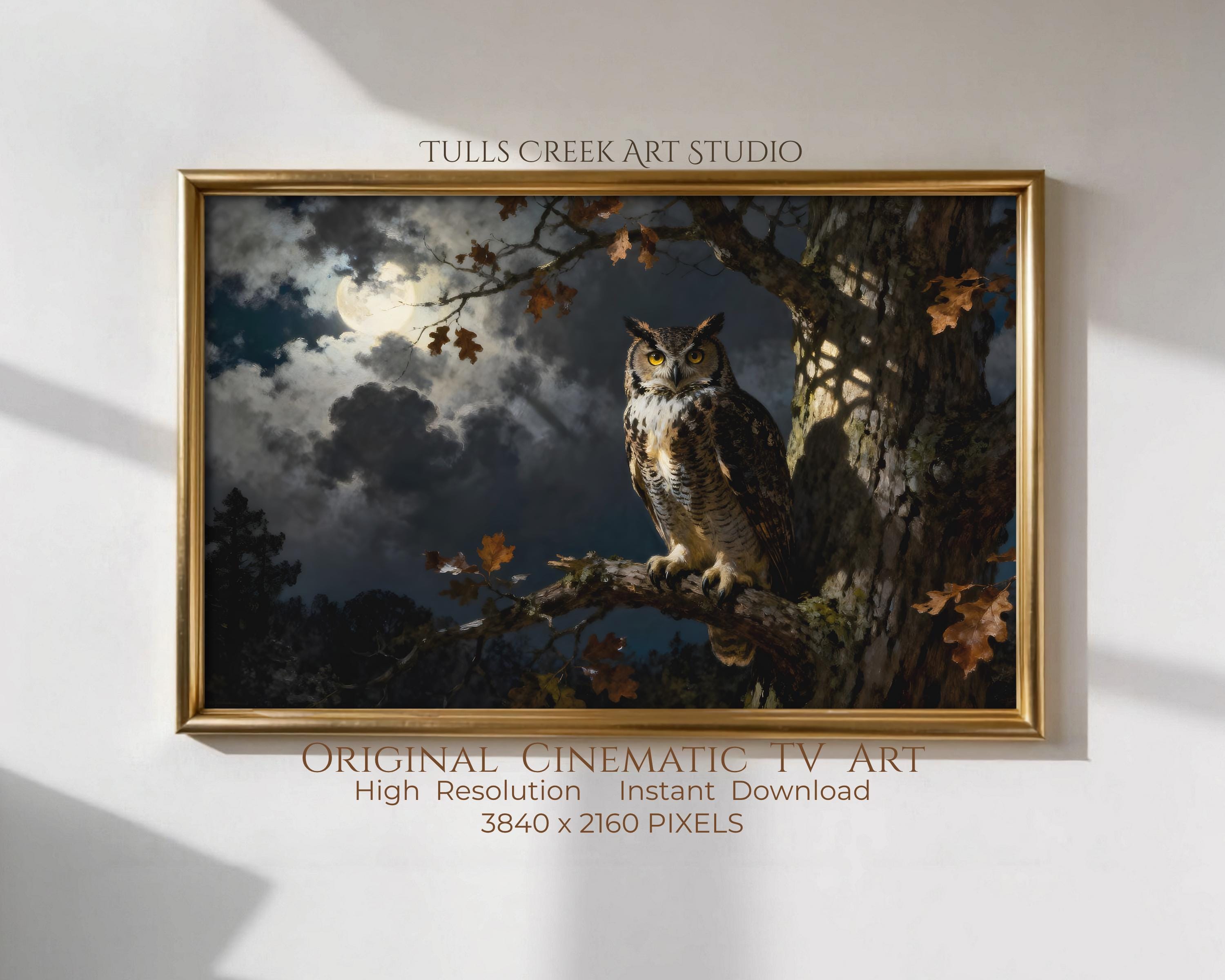 Horned Owl Artwork, Frame TV Art, Moody Moonlit Forest Wildlife Display (Digital Download)