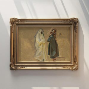 Puede incluir: Una pintura al óleo en un marco dorado ornamentado representa dos figuras con prendas drapeadas. Una figura está en blanco, la otra en verde oscuro y marrón. El fondo es de color beige apagado y el marco tiene tallas detalladas.