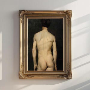 May include: A framed oil painting depicting a nude figure standing with their back to the viewer. The figure is painted in a realistic style, showcasing visible muscle definition. The painting is set against a dark background.