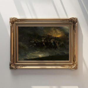 May include: A framed oil painting depicting a scene from Norse mythology. The painting shows a group of figures riding on horseback through a stormy sky. The figures are surrounded by dark clouds and lightning. The painting is set in a gold frame.