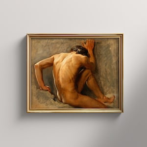 May include: A painting of a nude male figure sitting with their back to the viewer, their head turned slightly to the side. The figure is depicted in a realistic style with detailed musculature and skin tones. The background is a muted brown and grey.