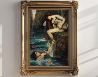May include: A painting of a mermaid with long red hair sitting on a rock, playing a lyre. A man with dark hair is swimming towards her, reaching out with his hand. The painting is set in a seascape with blue water and rocky cliffs.