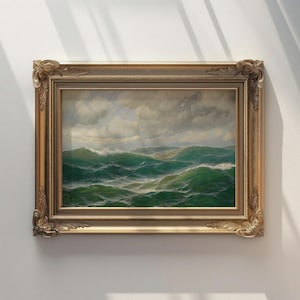 May include: A framed painting of a stormy seascape with green and blue waves crashing against each other. The painting is in a gold frame with ornate details.