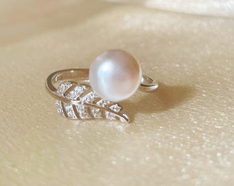 Natural Freshwater Pearl Ring, Real Pearl Sterling Silver Adjustable Ring, Dainty Statement Pearl Ring for Everyday Wear, gift for her