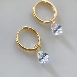 14K Gold Pear Moissanite Drop Earrings, Teardrop Diamond Huggie Hoops, Dangling Hoop Earrings, Minimalist Sparkly Jewelry Gift for Her