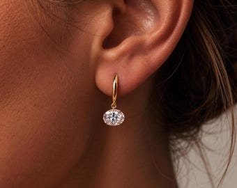 Oval Moissanite Drop Earrings, 14K Gold East West Dangle Hoop Earrings, Sparkly Wedding Bridal Jewelry