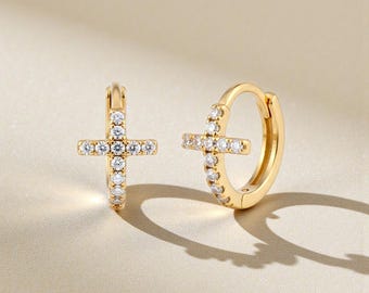18K Gold Moissanite Cross Earrings, Dainty Cross Huggie Hoop Earrings, Small 7mm Gold Hoop Earrings, Minimal Everyday Jewelry Gift for Her