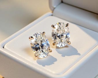 14K Gold Oval Moissanite Stud Earrings, 3ct D Color VVS1 Moissanite Studs, Minimalist Diamond Earrings, Sparkle Bridal Wedding Gift for Her