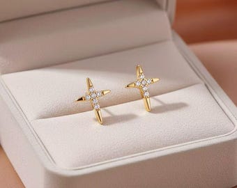 Moissanite Cross Stud Earrings, 18K Gold Diamond Cross Studs, Dainty Everyday Earrings
