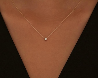 14K Gold Diamond Solitaire Necklace, Dainty 0.3ct CZ Gold Pendant Necklace, Minimalist Everyday Necklace, Gift for Her