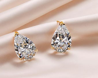 Pear Moissanite Stud Earrings 2ct Each, Dainty 14K Gold D Color VVS1 Moissanite Teardrop Studs, Moissanite Gold Jewelry Gift
