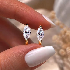 Marquise Moissanite Hoop Earrings, 14K Gold Huggie Hoops, Minimalist Solitaire Drop Earrings, Dainty Everyday Gold Earrings