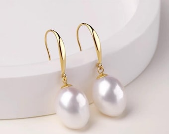 Natural Pearl Hoop Earrings, Genuine Freshwater Pearl Drop Huggie Earrings, Real Pearl Dangle 14K Gold Earrings, Minimalist Pearl Earrings