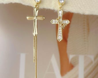14K Gold Cross Earrings, Dangling Tassel Cross Hoop Earrings, Asymmetrical Gold Hoop Earrings, Gift for Her