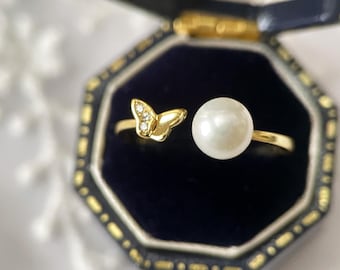 14K Gold Butterfly Ring, Natural Freshwater Pearl 925 Sterling Silver Adjustable Stacking Ring