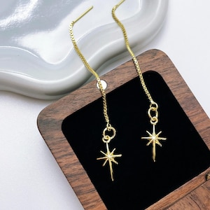 North Star Threader Earrings, 14K Gold Dainty Star Drop Earrings, Long Chain Ear Threaders, Minimalist Dangle Earrings Gold