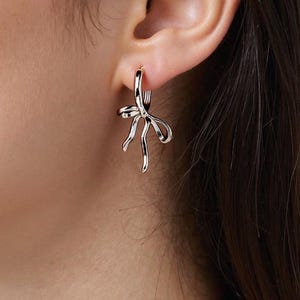 Sterling Silver Bow Earrings | Dainty Bow Knot Huggie Hoops | 925 Silver Hoop Earrings Gift for her | Cute Minimalist silver earrings