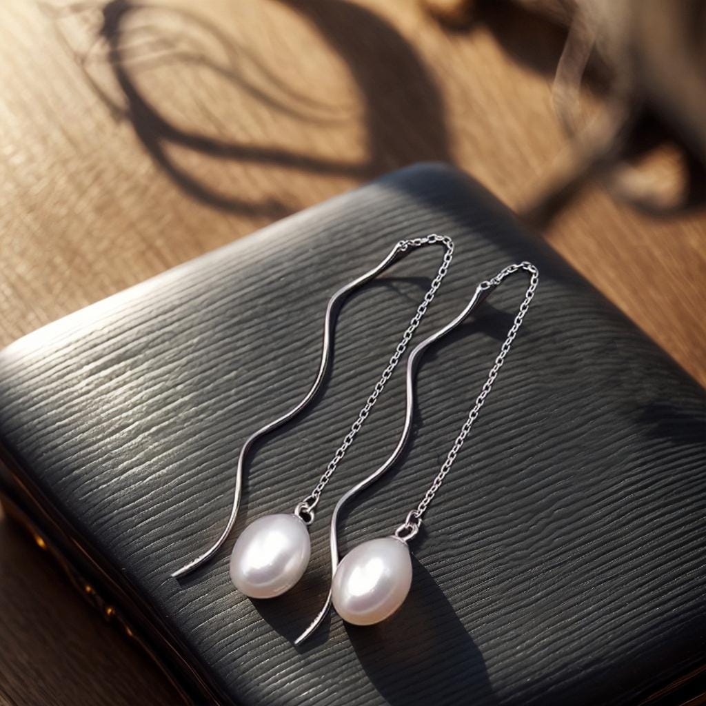 Dainty Pearl Tassel Drop Earrings, Natural Pearl Dangle S925 Sterling ...