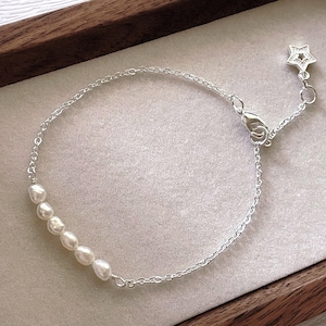 Dainty Freshwater Pearl Bracelet,  Natural Pearl Beaded 925 Sterling Silver Chain