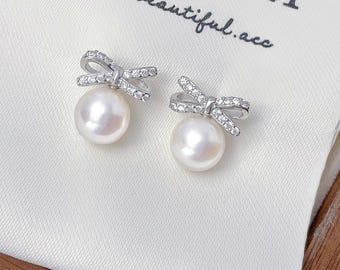 Natural Pearl Bow Earrings, Bowknot Pearl Stud Earrings, Dainty Freshwater Pearl Ribbon Sterling Silver Stud Earrings for everyday wear